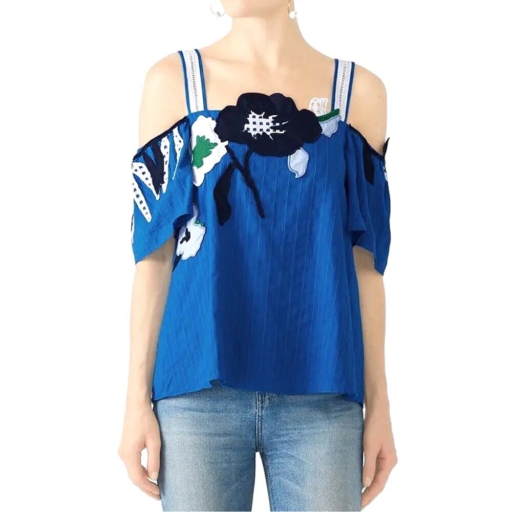 Tanya Taylor Vibrant Royal Blue Flower Applique Lace Cold Shoulder Cotton Blouse